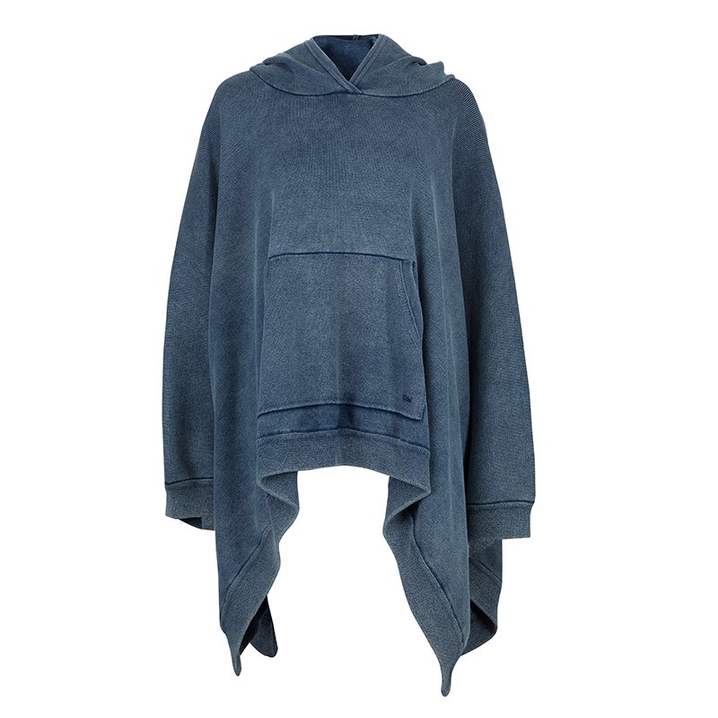 Pre Owned Chloe Blue Washed Indigo Knit Kangaroo Pocket Hooded Oversized Poncho XS/S