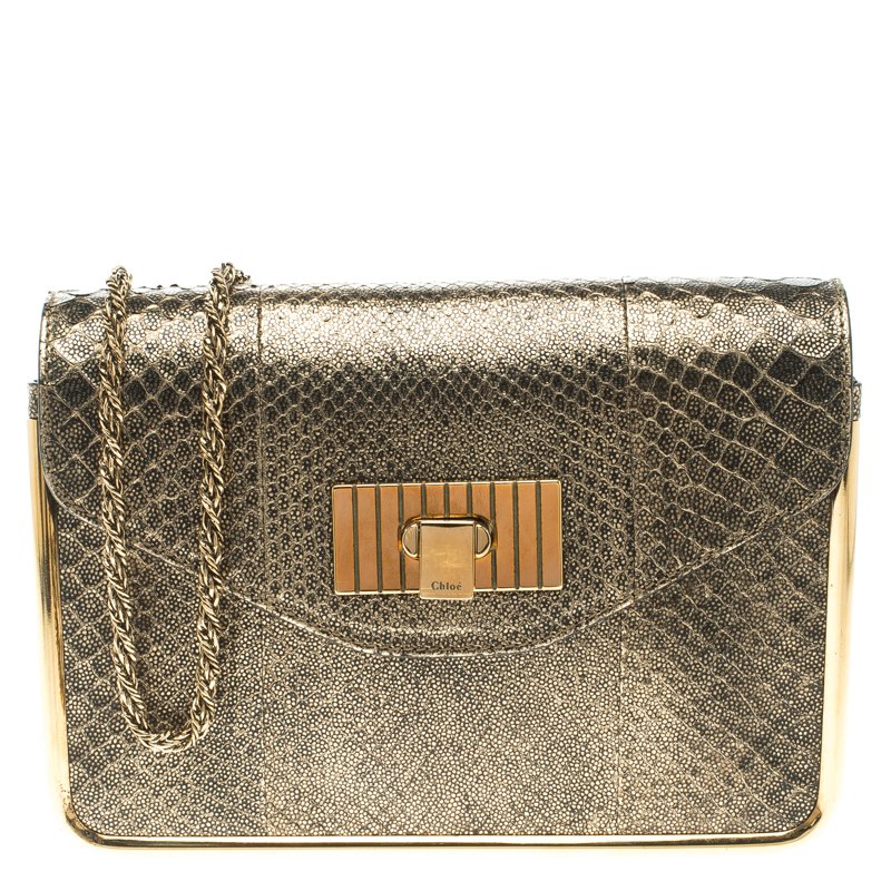 Chloe Metallic Gold Python Frame Sally Shoulder Bag