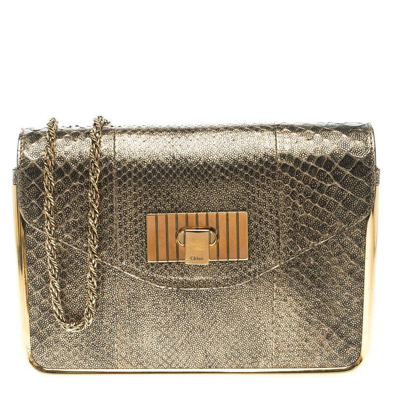 مملوكة مسبقًا حقيبة كتف كلوي سالي جلد ثعبان ذهبي ميتاليك