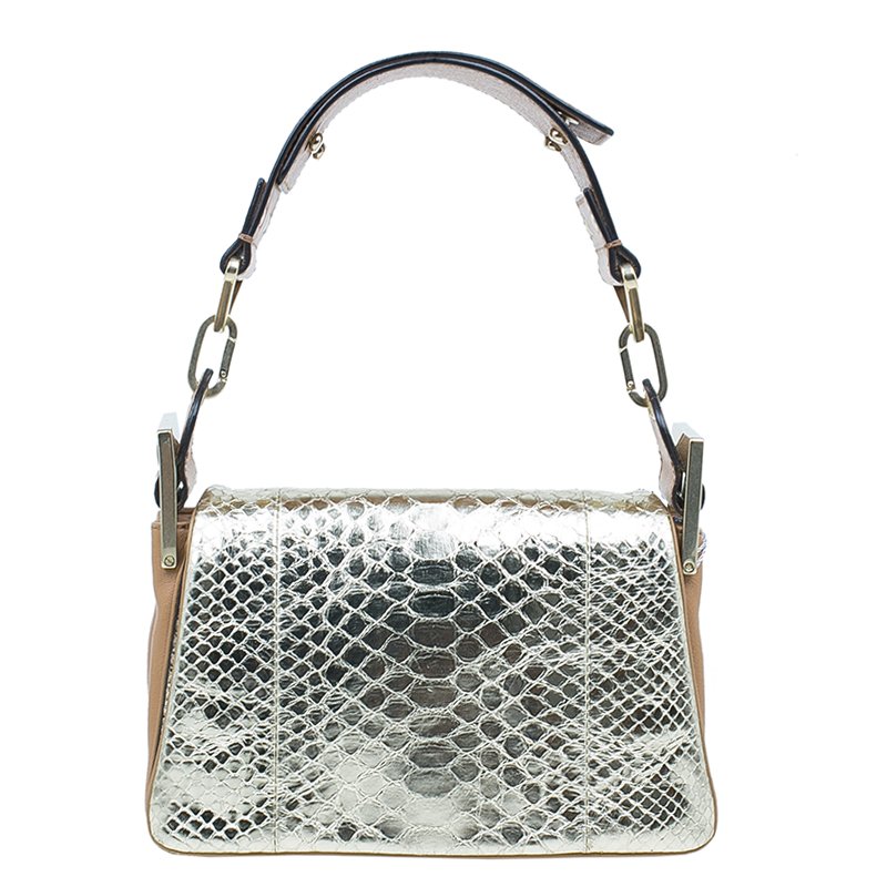مملوكة مسبقًا Chloe Gold/Beige Python and Leather Small Jade Shoulder Bag