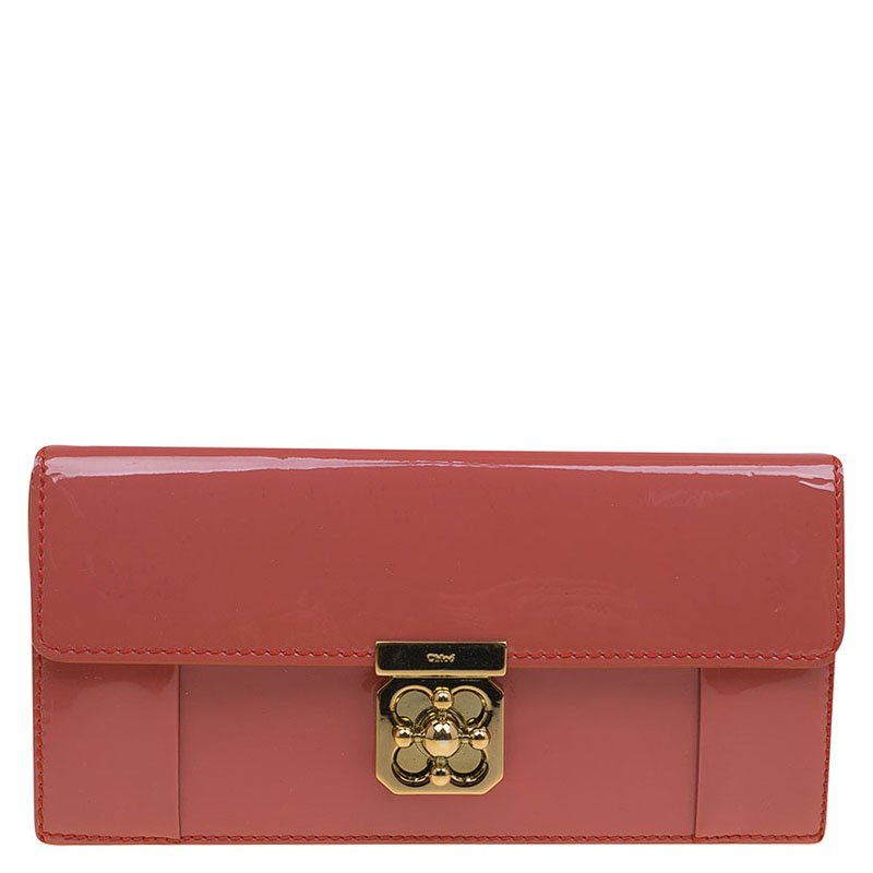 Pre Owned Chloe Coral Patent Leather Elsie Continental Wallet