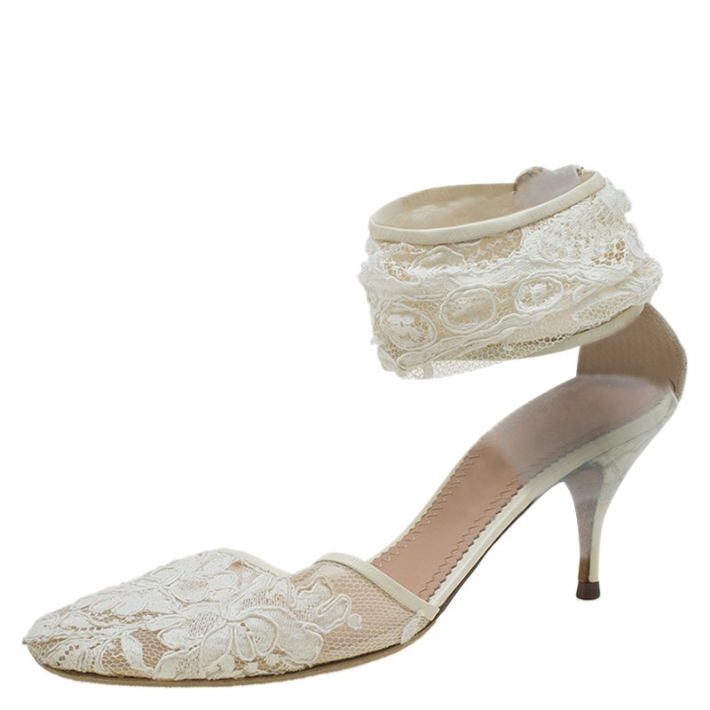 Pre Owned Chloe Cream Lace Ankle Strap Heel Sandals Size 38.5