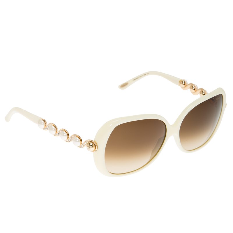 Pre Owned Chopard Cream Pearl Embellished Swirls & Rose Gold Tone Square Sunglasses