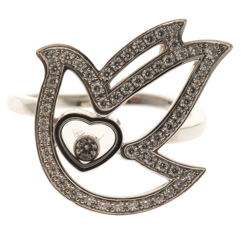 Pre Owned Chopard Happy Diamond Dove 18k White Gold Ring Size 53