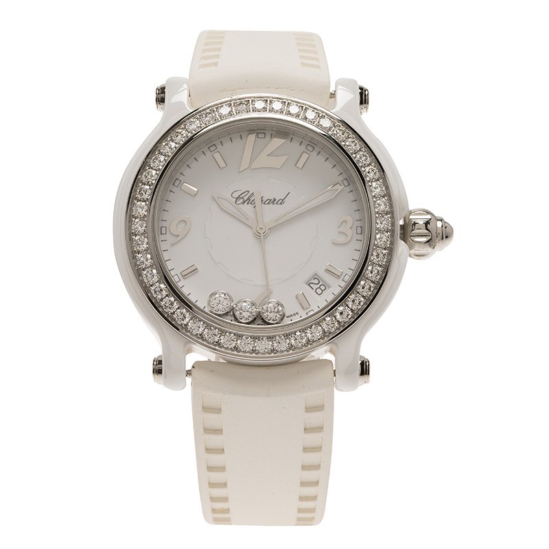 Chopard White Ceramic Happy Sport Diamond Women's Wristwatch 36MM