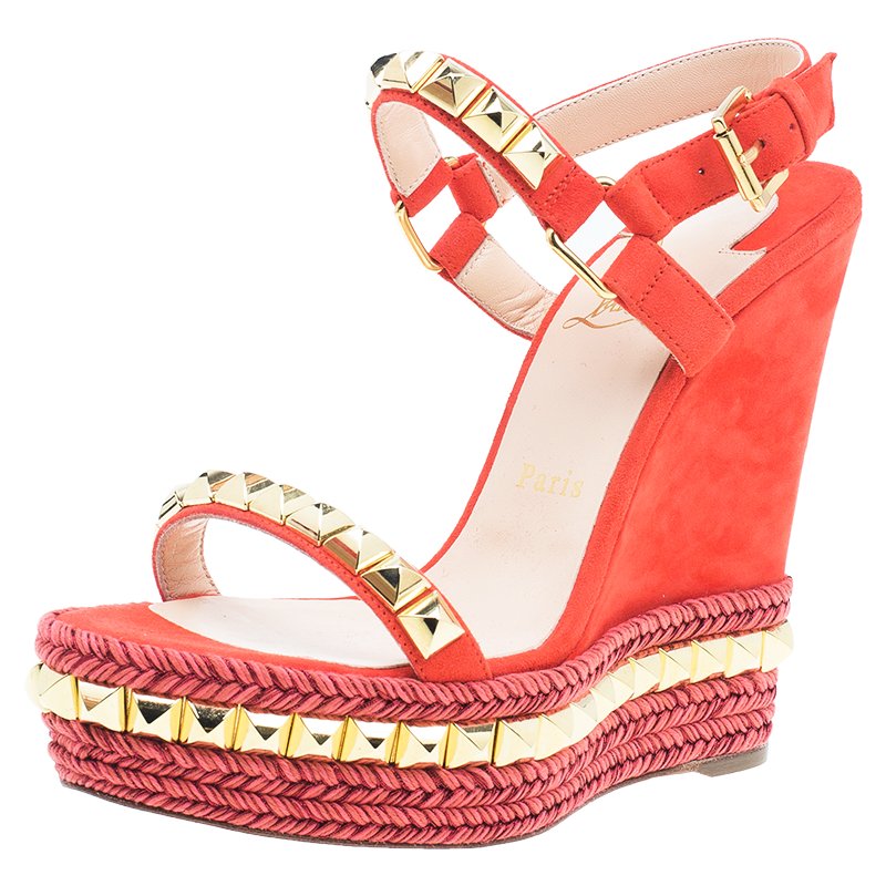 Pre Owned Christian Louboutin Orange Studded Leather and Suede Cataclou Espadrille Wedge Sandals Size 37
