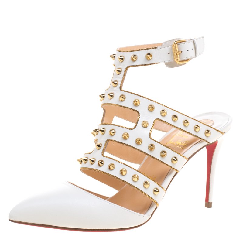 مملوكة مسبقًا Christian Louboutin White Leather Tchicaboum Spike Embellished Strappy Sandals Size 38.5