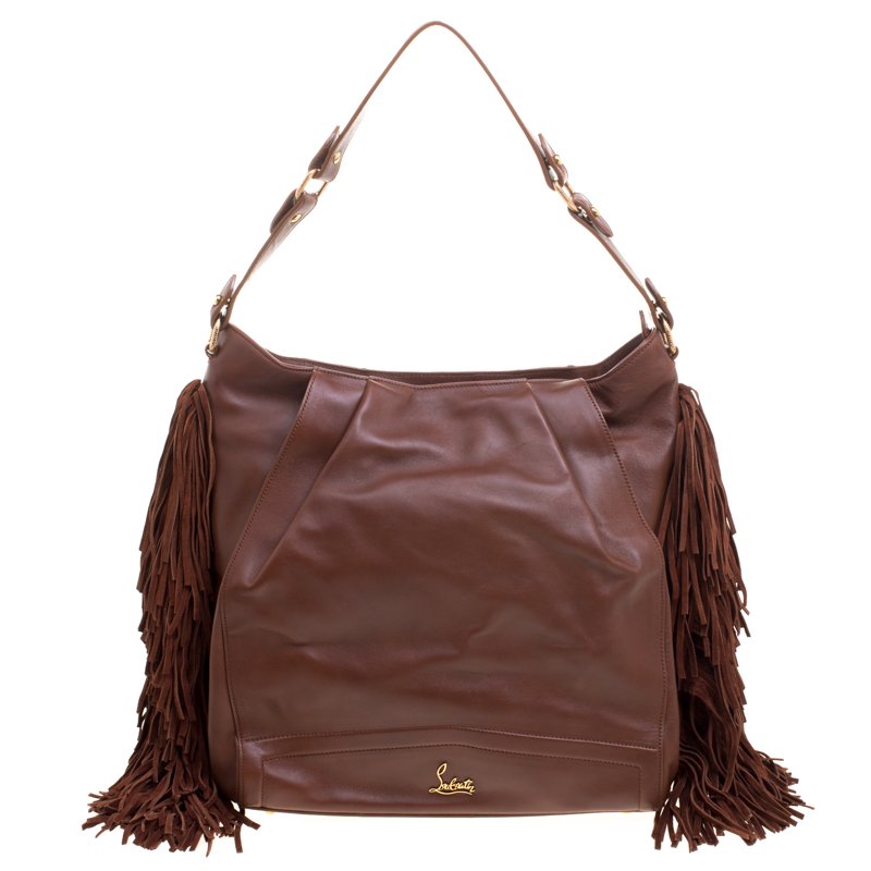 Pre Owned Christian Louboutin Brown Leather Justine Fringed Hobo