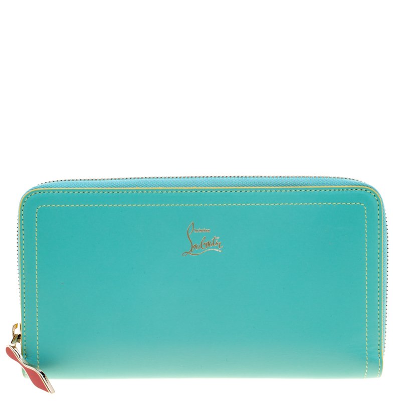 Pre Owned Christian Louboutin Turquoise Leather Zip Around Agenda Wallet