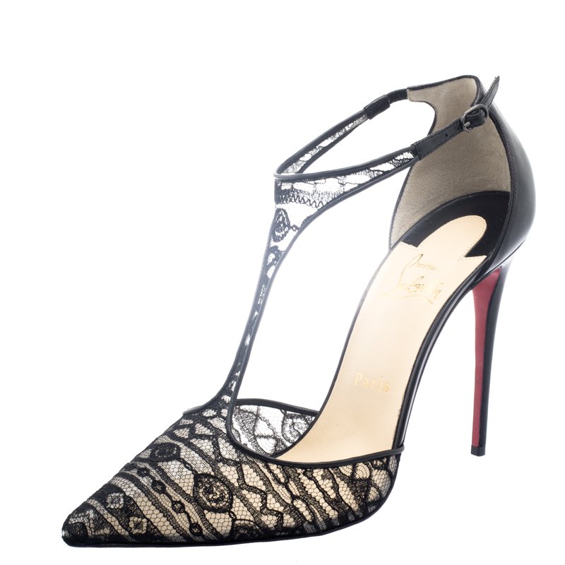 Pre Owned Christian Louboutin Black Lace T-Strap Salonu Sandals Size 40.5