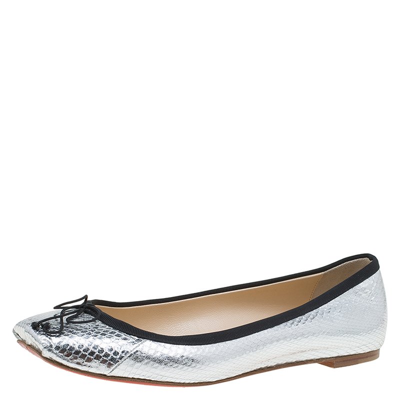 مملوكة مسبقًا Christian Louboutin Silver Python Embossed Leather Rosella Square Toe Ballet Flats Size 37.5