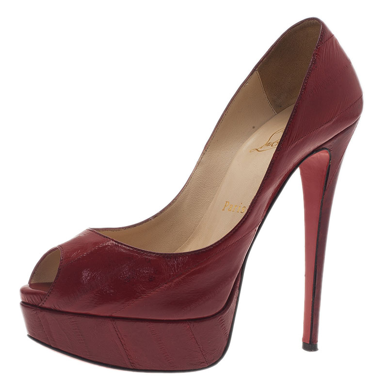 مملوكة مسبقًا Christian Louboutin Red Eel Leather Lady Peep Toe Pumps Size 37.5