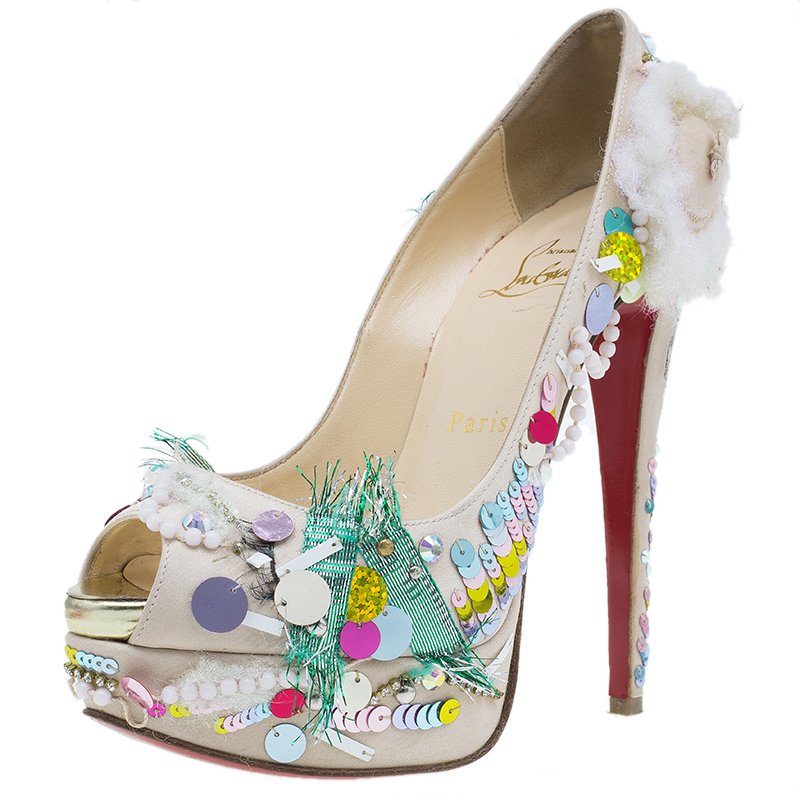 مملوكة مسبقًا حذاء كريستيان لوبوتان "ميك أب تراش" ليدي ستان مقدمة مفتوحة نعل سميك مقاس 36