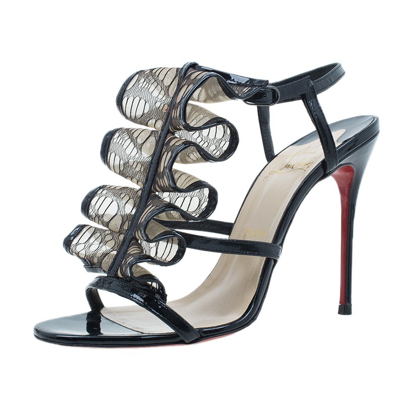 Pre Owned Christian Louboutin Black Leather and Mesh Fortitia Sandals Size 37