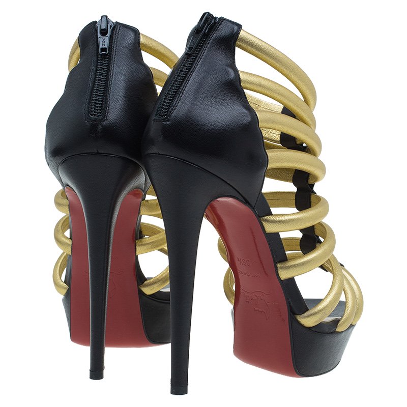 Christian Louboutin Black & Gold Leather Romaine Platform Sandals Golden  Metallic ref.790966 - Joli Closet