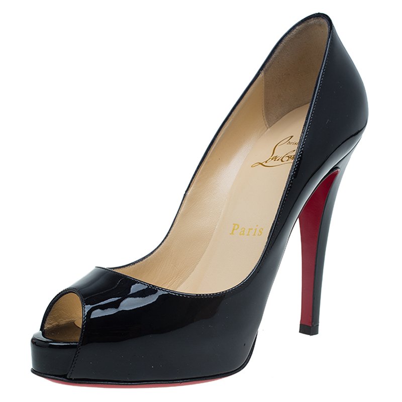 Pre Owned Christian Louboutin Black Patent Very Prive Platform Peep Toe Pumps Size 35.5