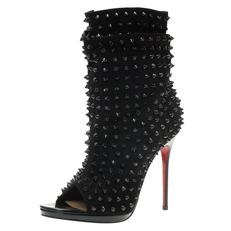 Christian Louboutin Black Spiked Suede Guerilla Open Toe Slouchy Ankle Boots Size 37.5