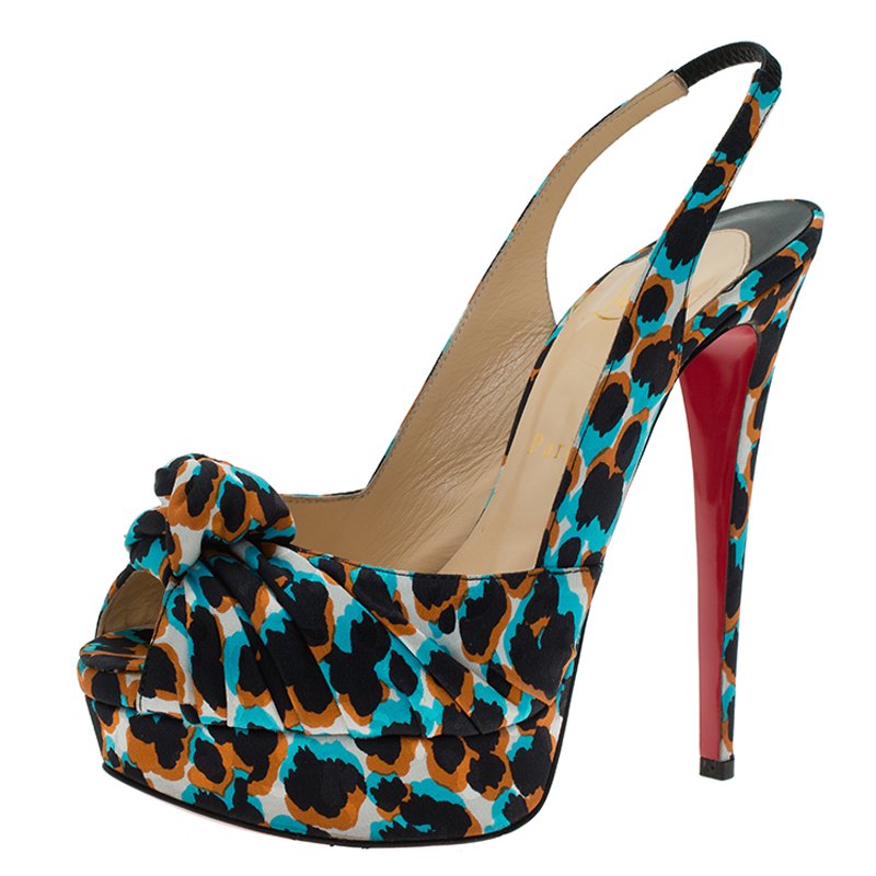 Pre Owned Christian Louboutin Multicolor Printed Satin Jenny Platform Slingback Sandals Size 38