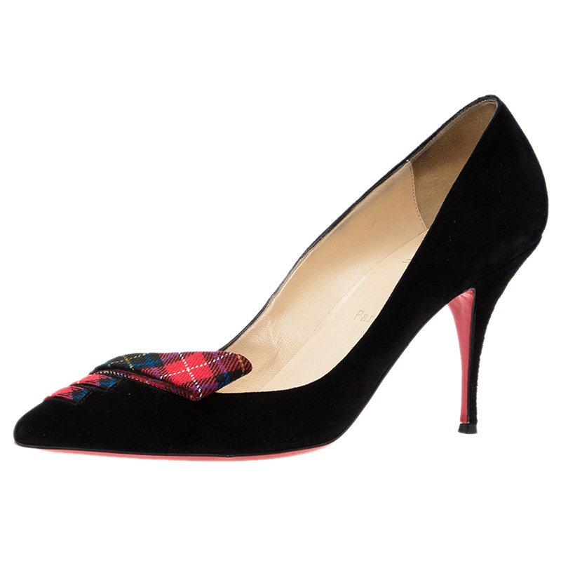 Pre Owned Christian Louboutin Black Suede and Tartan Detail Pointed Toe Pumps Size 41