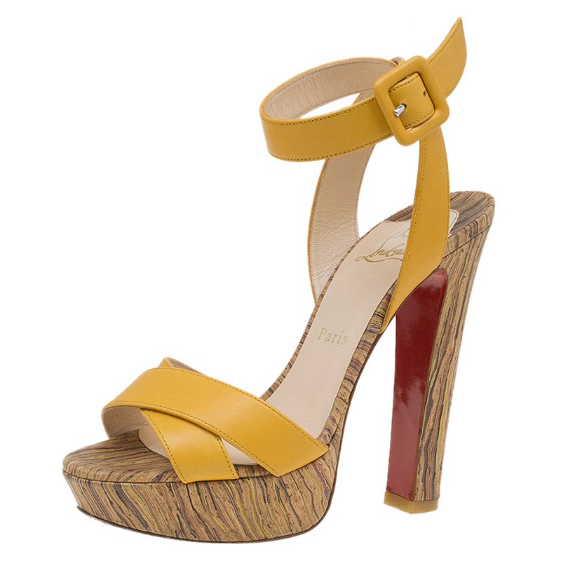 مملوكة مسبقًا Christian Louboutin Yellow Leather Criss Cross Ankle Strap Platform Sandals Size 36