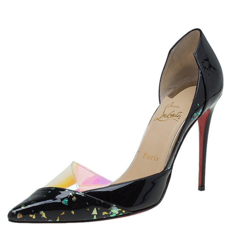 Pre Owned Christian Louboutin Black Patent And PVC Tac Clac D'Orsay Pumps Size 38