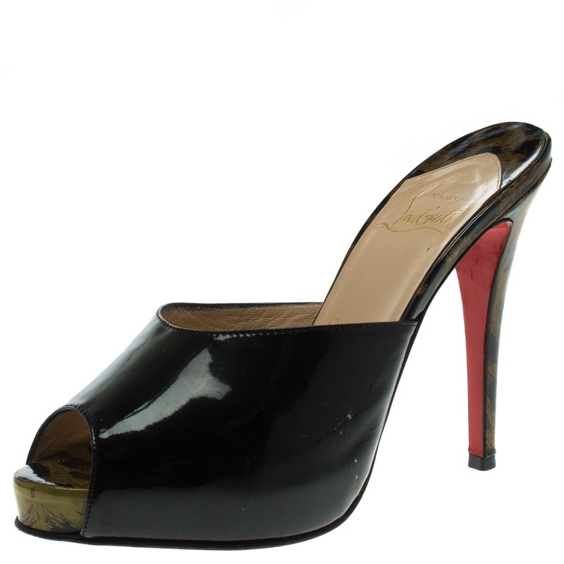 Pre Owned Christian Louboutin Black Leopard Print Patent Leather Sabotage Peep Toe Sandals Size 38.5