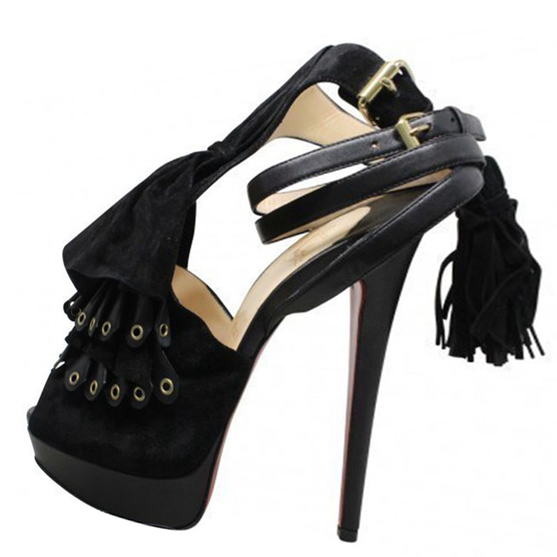 Pre Owned Christian Louboutin Black Suede and Leather Misfit Ankle Strap Platform Sandals Size 38.5