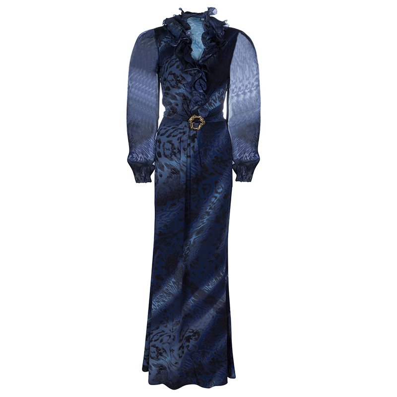 مملوكة مسبقًا فستان ماكسي كلاس باي روبرتو كافالي رصاصي طباعة الفهد مقاس M