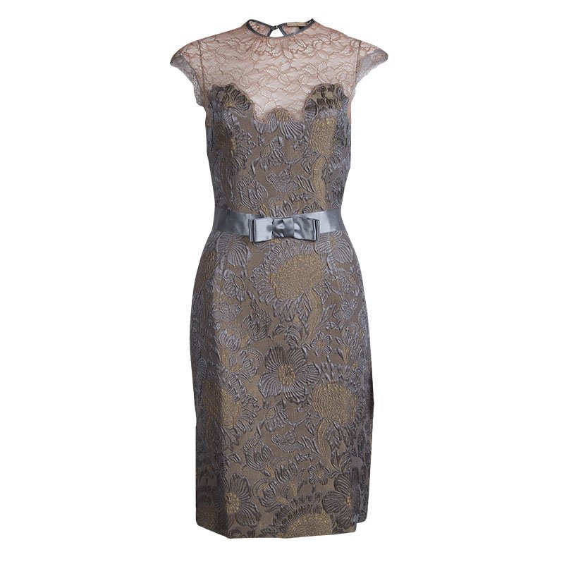 Class by Roberto Cavalli Multicolor Floral Brocade and Lace Belted Sleevless Dress M             