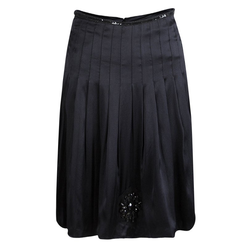 Pre Owned Class By Roberto Cavalli Black Silk Embellished Tie Detail Pleated Skirt S