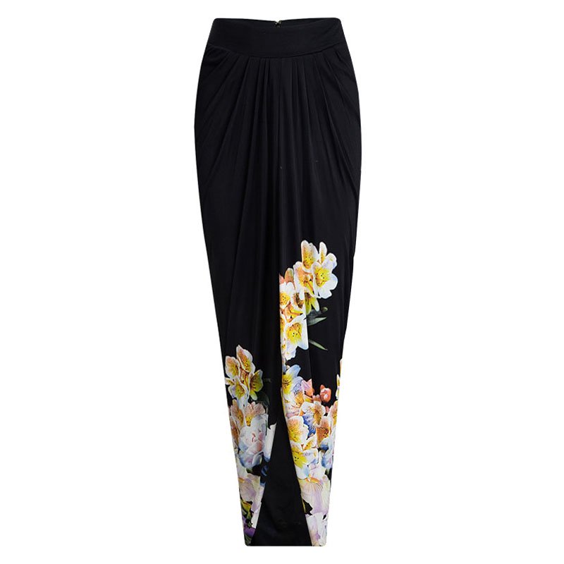 مملوكة مسبقًا Class by Roberto Cavalli Navy Blue Floral Printed Knit Draped Maxi Skirt M