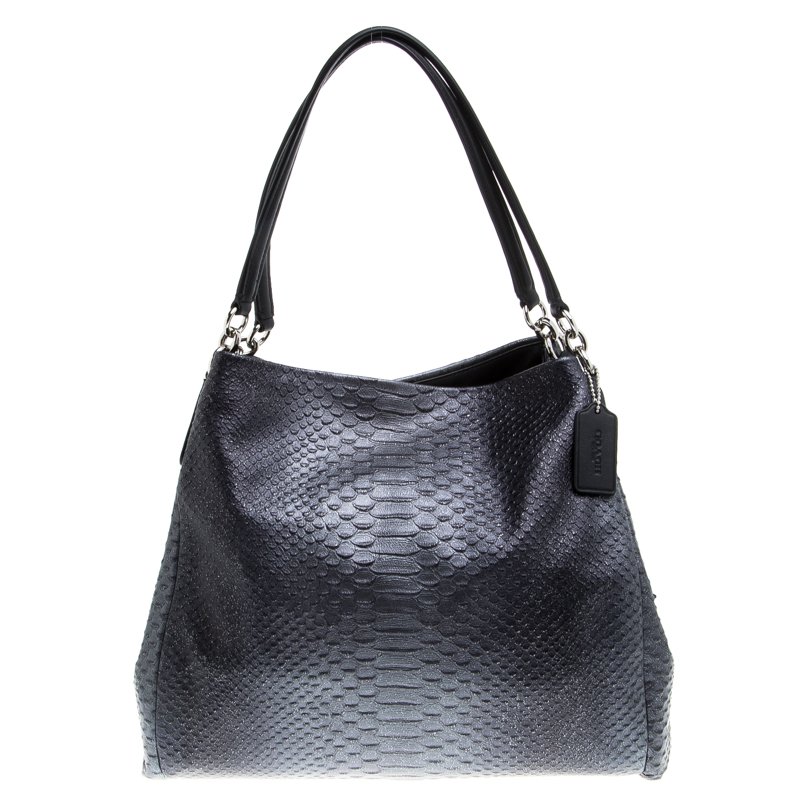 Coach Dark Grey Iridescent Python Embossed Leather Tote