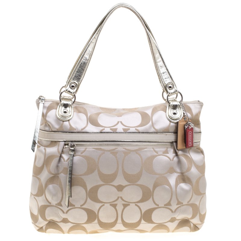 Pre Owned Coach Beige Fabric Signature Glam Tote