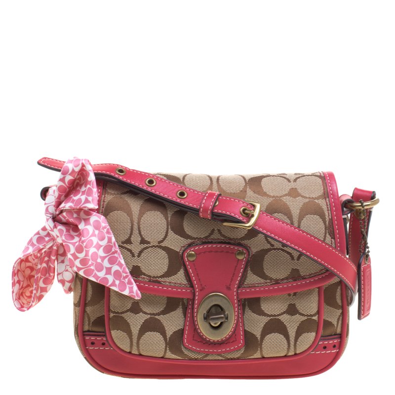 Coach Pink Leather and Canvas Signature Crossbody Bag