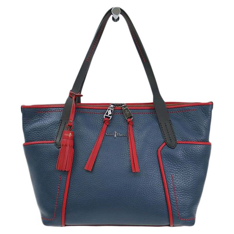 Pre Owned Cole Haan Red/Blue Pebbled Leather Tassel Shopper Tote
