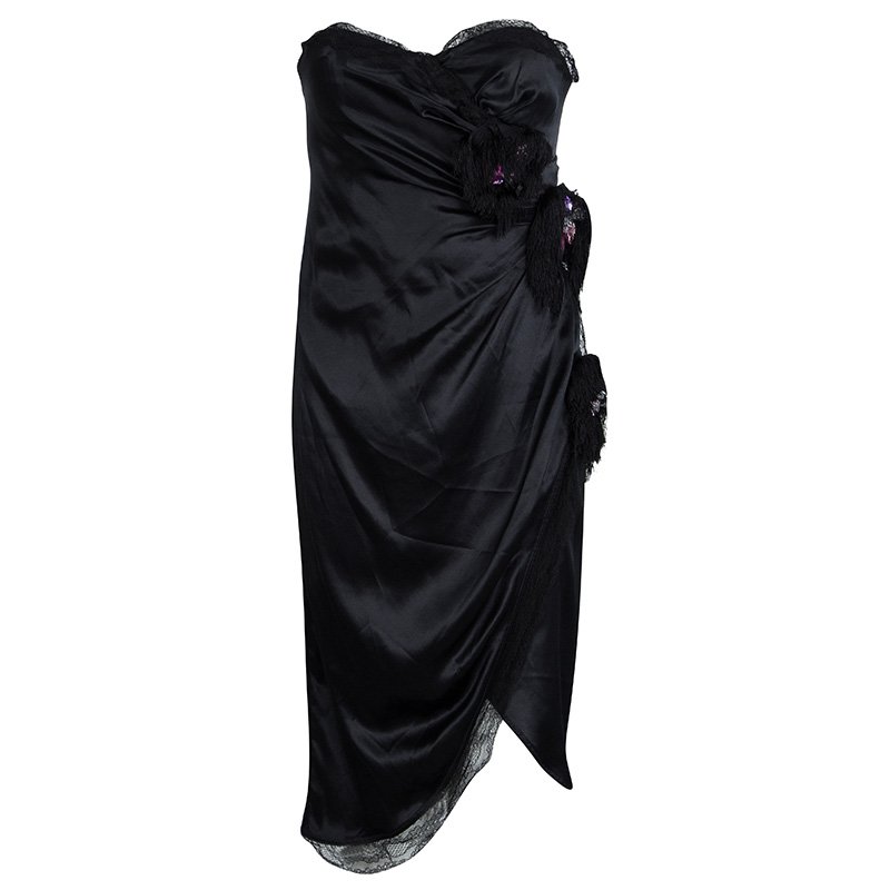 Pre Owned D&G Black Silk Embellished Fringed Scallop Lace Trim Detail Strapless Dress M