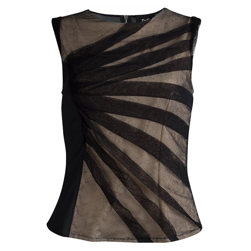 D&G Beige Contrast Mesh Overlay Ruched Sleeveless Top M