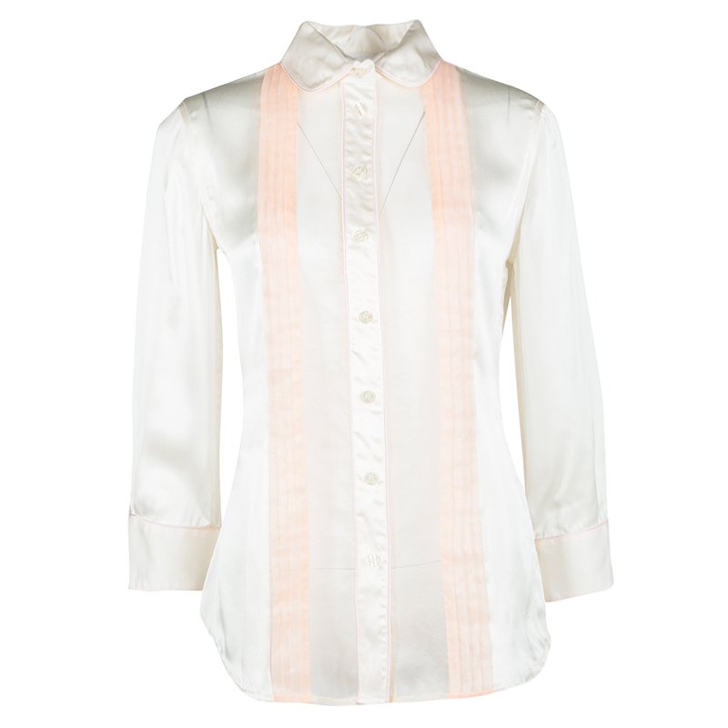 D&G Cream Silk Contrast Pintuck Detail Long Sleeve Shirt S