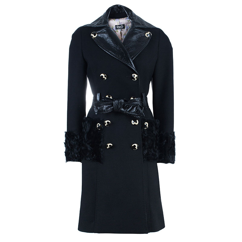 Pre Owned D and G Black Leather And Fur Trimming Coat S