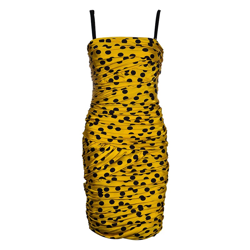 Pre Owned D&G Yellow Polka-dot Ruched Dress M