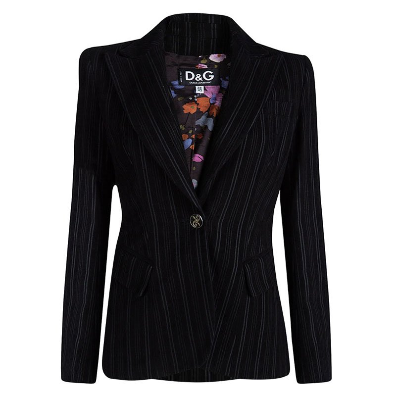 D&G Black Striped Notched Collar Floral Lining Blazer M
