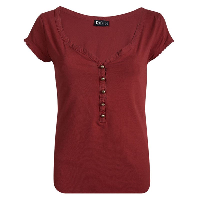 Pre Owned D&G Red V-Neck Short Sleeve Button Detail Top M