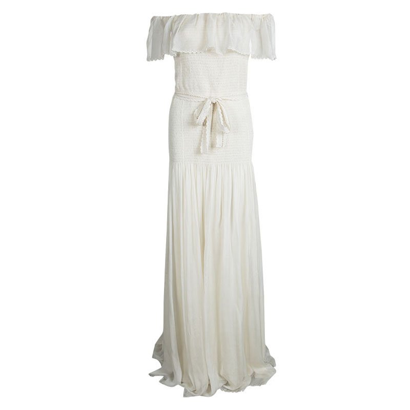 Pre Owned D & G Off White Silk Ruffle Detail Smocked Off Shoulder Maxi Dress M