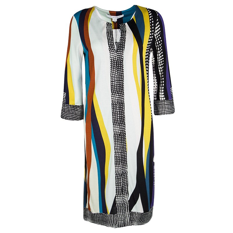 Pre Owned Diane Von Furstenberg Multicolor Printed Silk Long Sleeve Rose Long Dress M