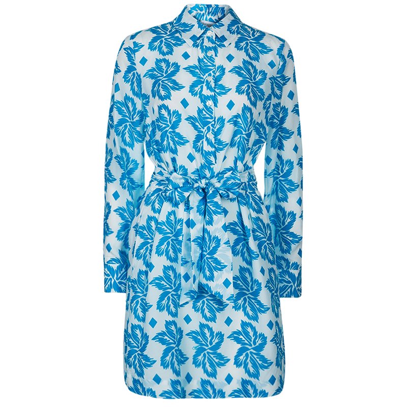 Pre Owned Diane Von Furstenberg White Blue Printed Taffy Dress S
