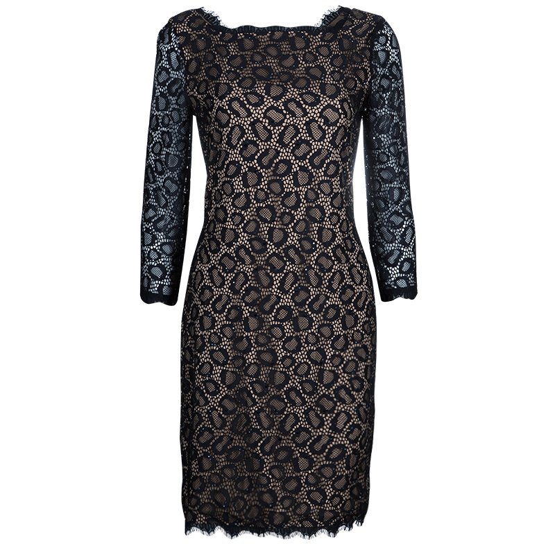 Pre Owned Diane Von Furstenberg Black Lace Zarita Embellished Dress S