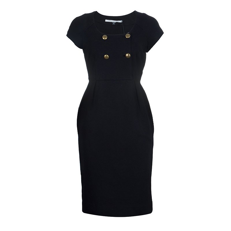 Pre Owned Diane Von Furstenberg Black Button Front Short Sleeve Knit Charo Dress M