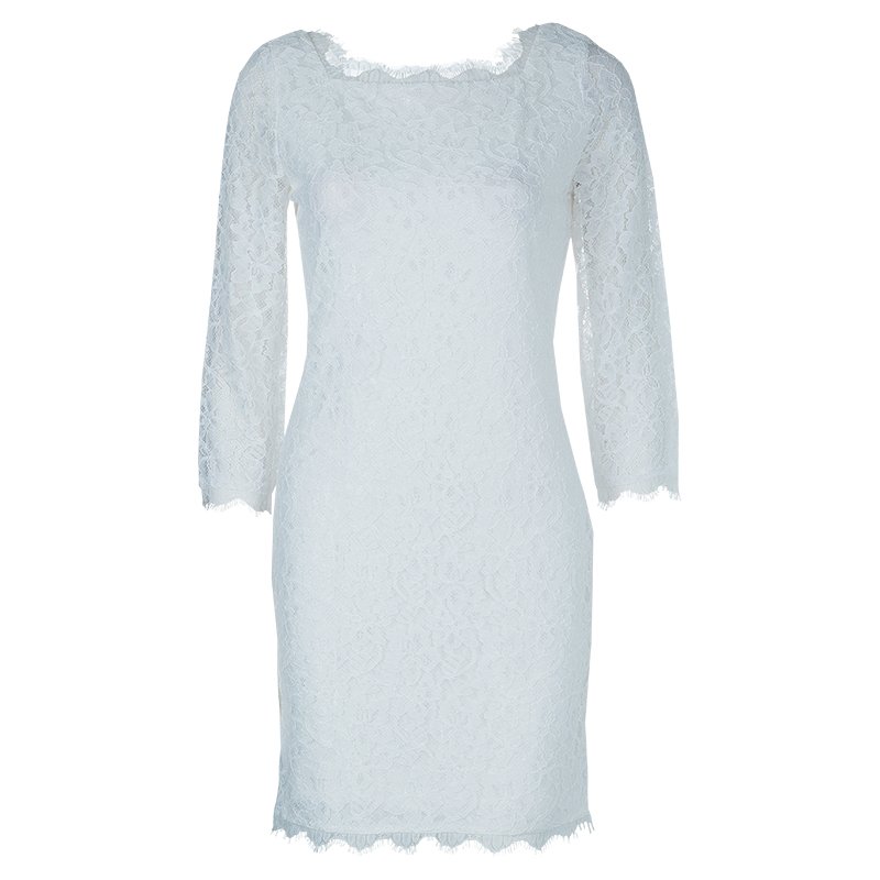 Pre Owned Diane Von Furstenberg White Lace Zarita Long Dress S