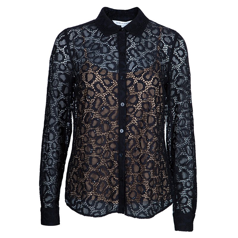 Pre Owned Diane Von Furstenberg Black Lace Colette Embellished Top S