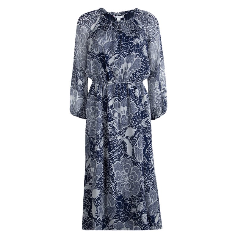 Pre Owned Diane Von Furstenberg Navy Blue Printed Parry Chiffon Long Sleeve Dress M